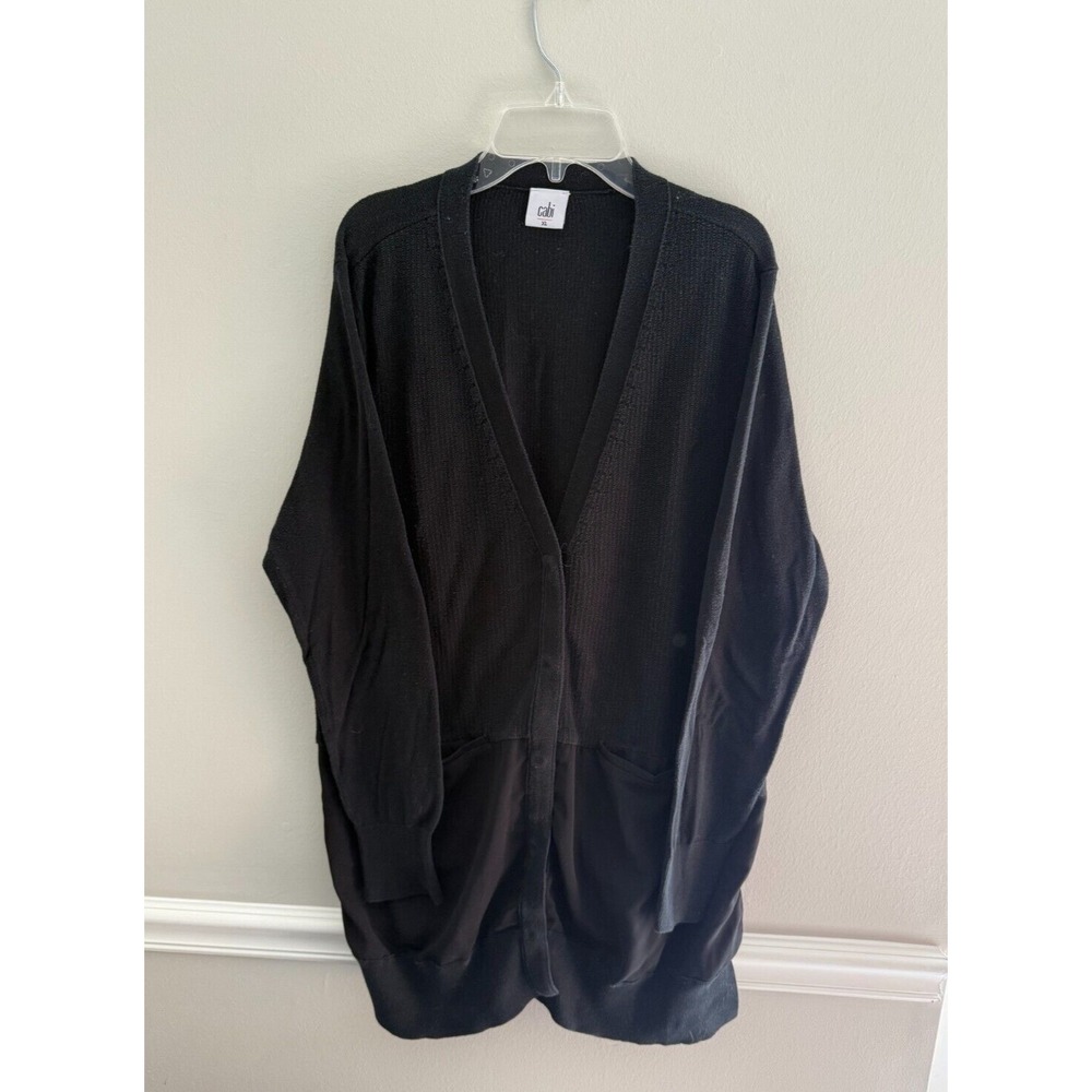 CAbi Long Cardigan Sweater Womens XL Black Snap Button + Pockets Stylish